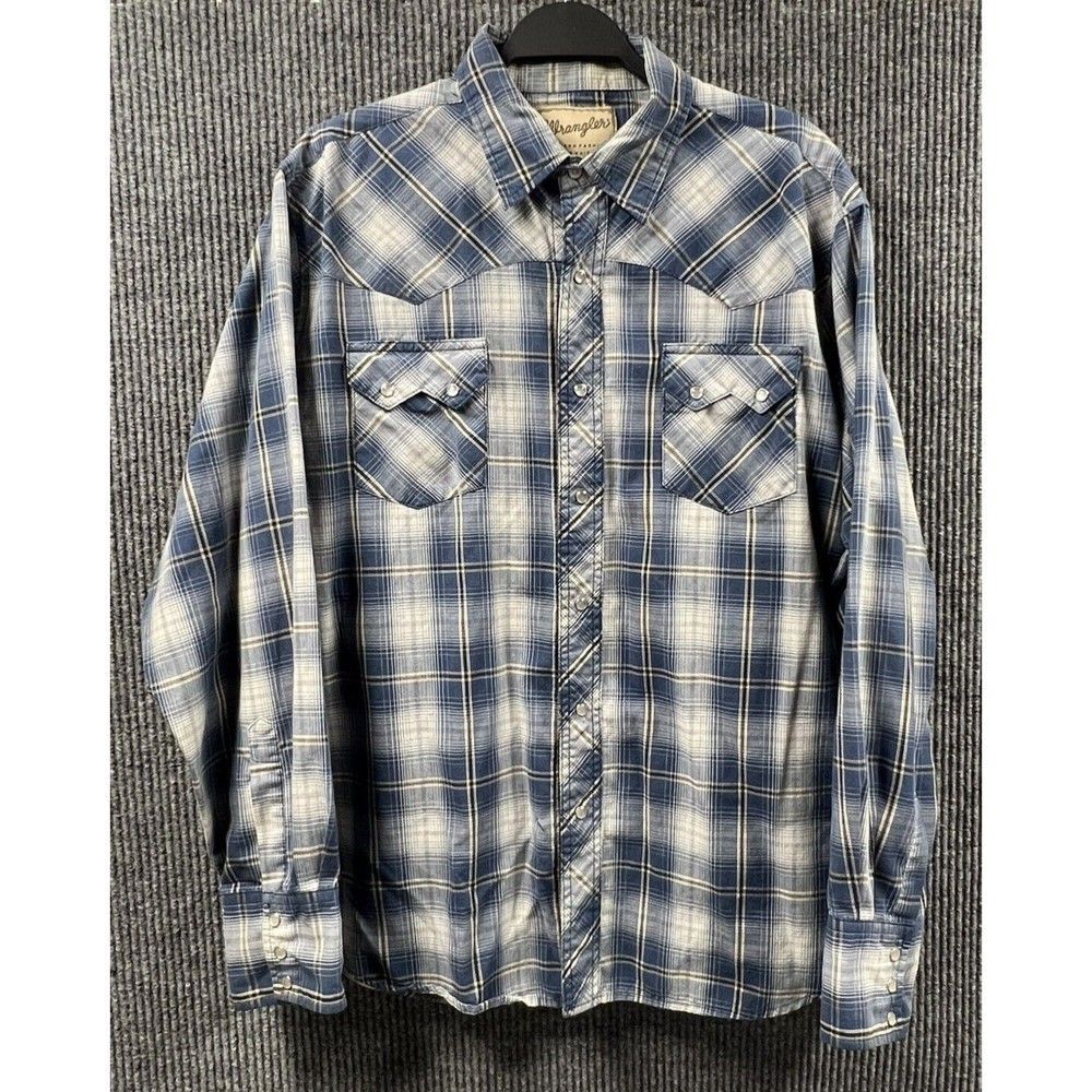VTG Wrangler Shirt Mens XL Western Fashion Blue Plaid Pearl Snaps Cowboy Rodeo